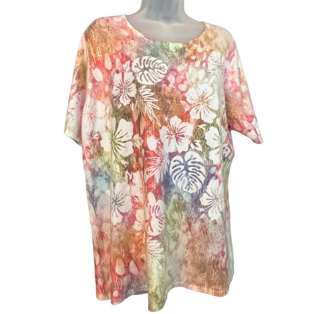 Serengeti Womens XL Short Sleeve Sweater Hawaiian Floral Rhinestones Colorful